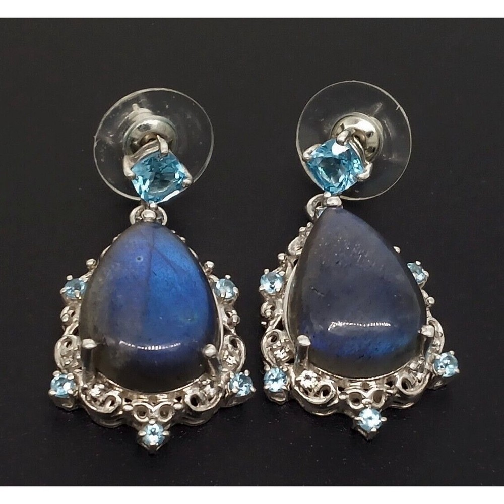 Blue Labradorite Topaz Gemstone Earrings 925 Sterling Silver Teardrop Sparkly!